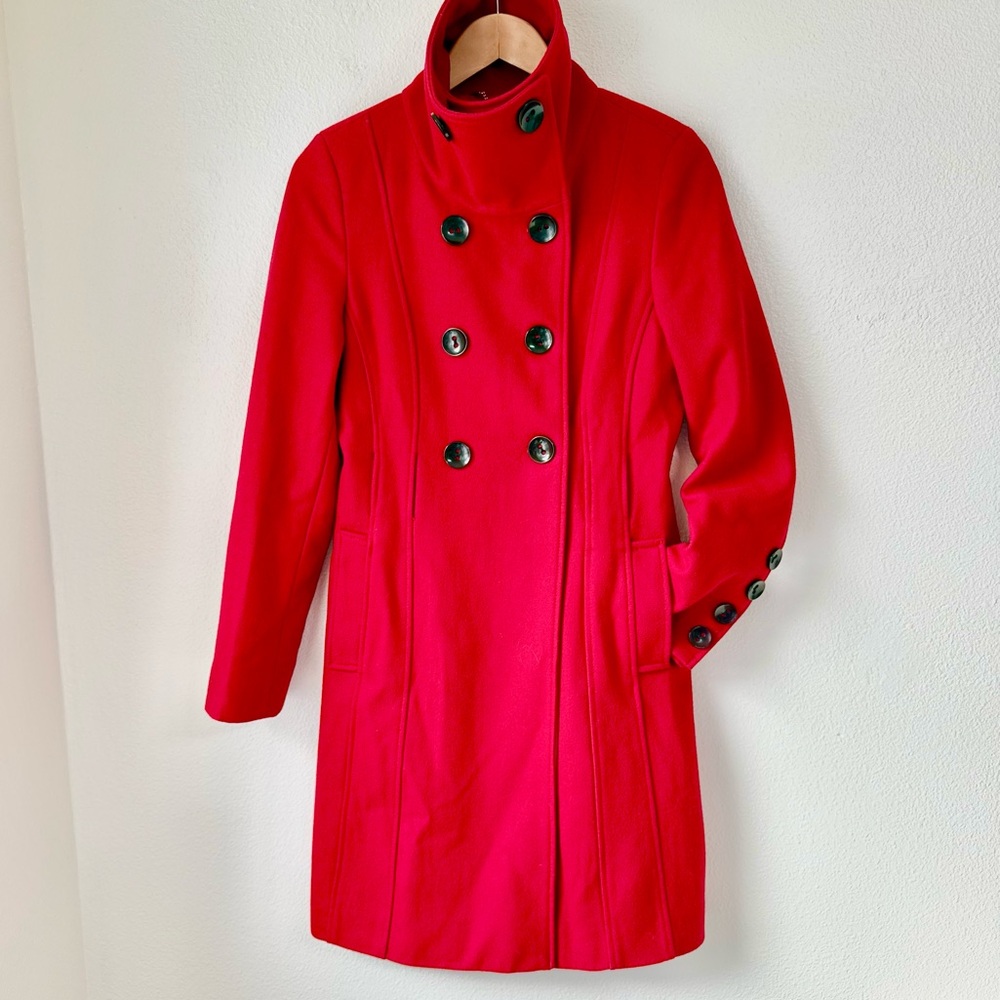 GUESS Vibrant Red Double Breasted Wool Blend Funnel Neck Peacoat - Size S